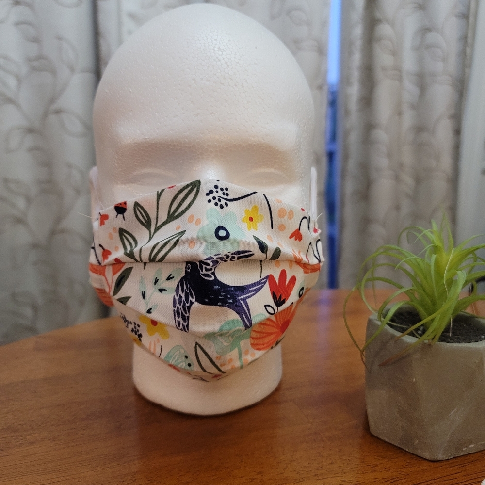 Floral Pleated Face Mask with Blue Birds